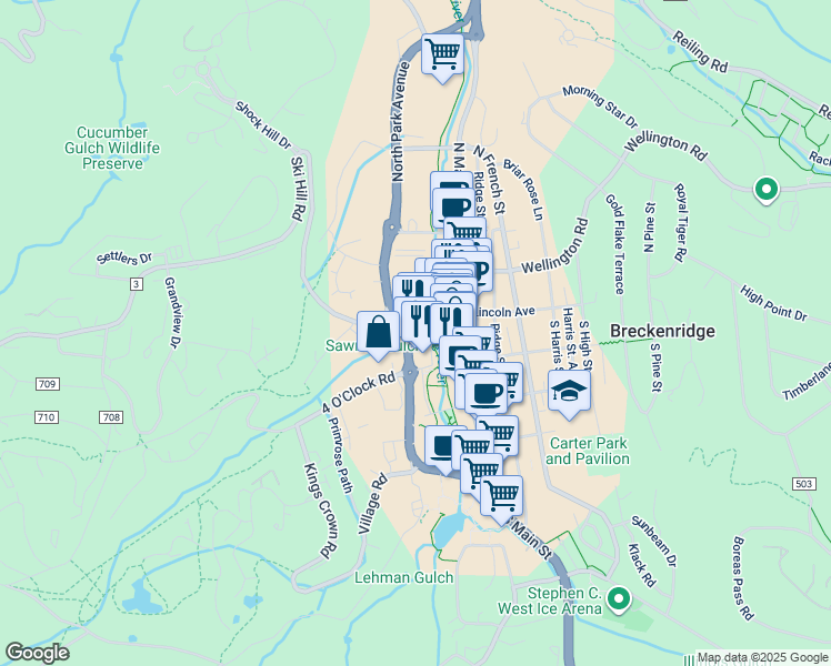 map of restaurants, bars, coffee shops, grocery stores, and more near 100 South Park Avenue in Breckenridge