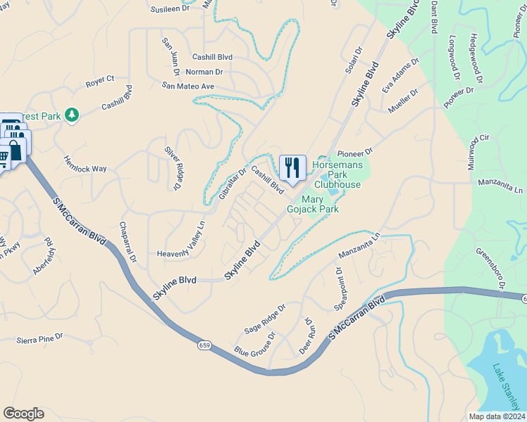 map of restaurants, bars, coffee shops, grocery stores, and more near 3125 Villa Marbella Circle in Reno