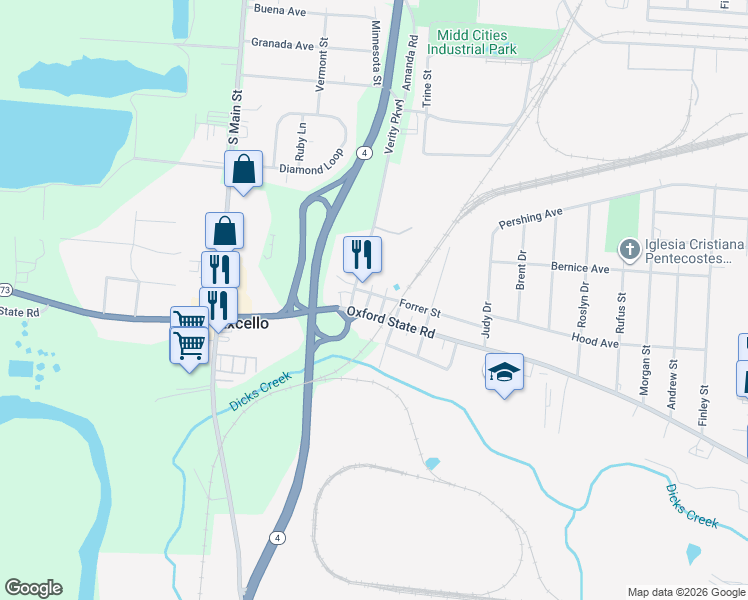 map of restaurants, bars, coffee shops, grocery stores, and more near 3217 Verity Parkway in Middletown