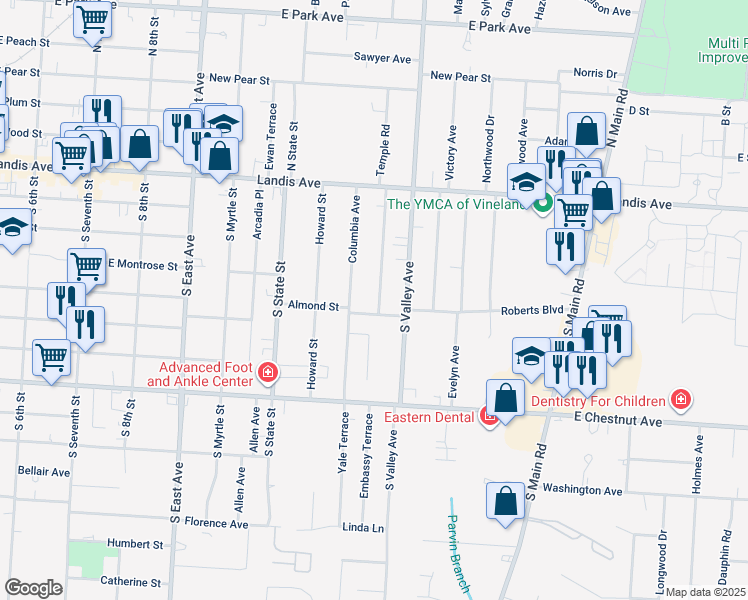 map of restaurants, bars, coffee shops, grocery stores, and more near 48 Deshibe Terrace in Vineland