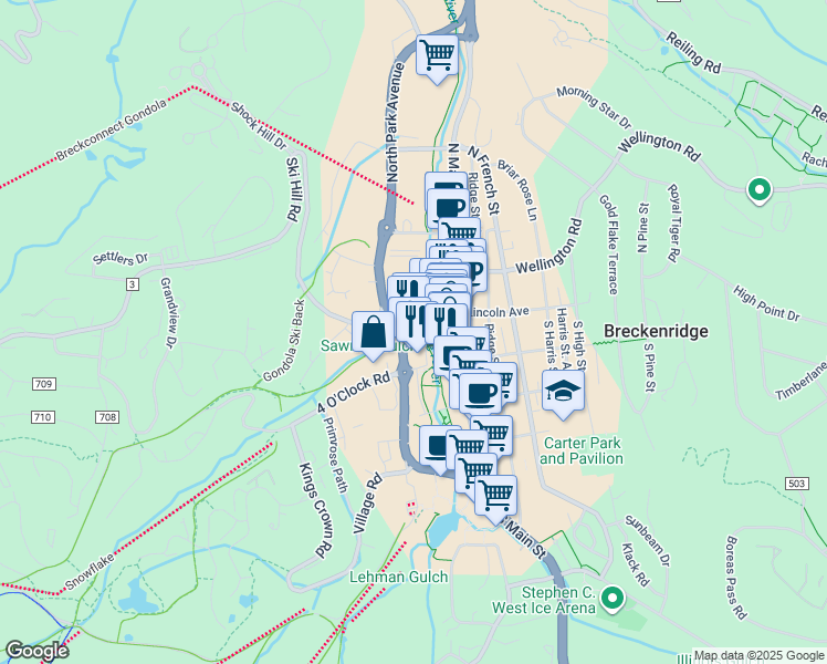 map of restaurants, bars, coffee shops, grocery stores, and more near 100 South Park Avenue in Breckenridge