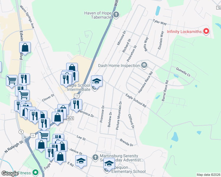 map of restaurants, bars, coffee shops, grocery stores, and more near 1008 Primrose Drive in Martinsburg