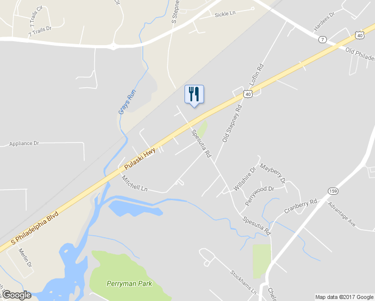 map of restaurants, bars, coffee shops, grocery stores, and more near 10 Spesutia Road in Aberdeen