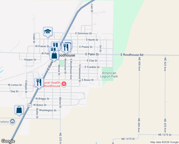 map of restaurants, bars, coffee shops, grocery stores, and more near 303 East Randolph Street in Roodhouse