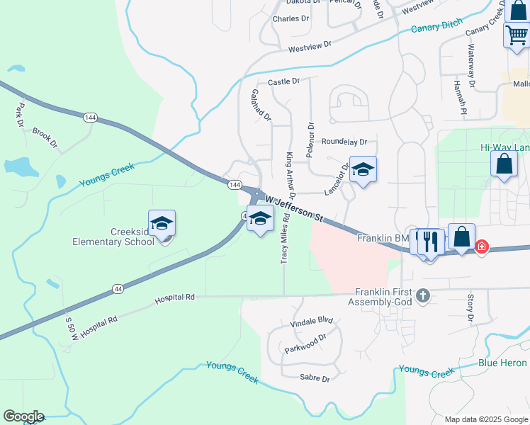 map of restaurants, bars, coffee shops, grocery stores, and more near 1285 Indiana 144 in Franklin