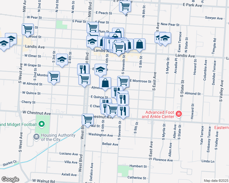 map of restaurants, bars, coffee shops, grocery stores, and more near 625 Almond Street in Vineland