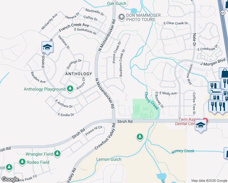 map of restaurants, bars, coffee shops, grocery stores, and more near 12868 Capitol Creek Street in Parker