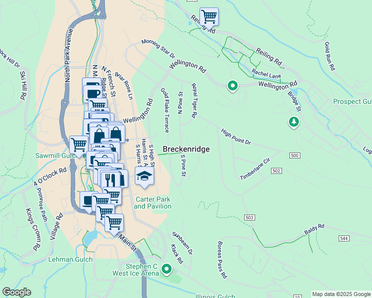 map of restaurants, bars, coffee shops, grocery stores, and more near 31 Stallion Loop in Breckenridge