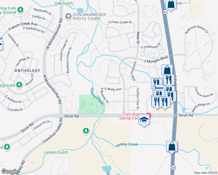 map of restaurants, bars, coffee shops, grocery stores, and more near 19127 East Molly Avenue in Parker
