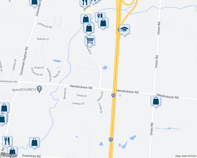 map of restaurants, bars, coffee shops, grocery stores, and more near 6465 Arbor Court in Middletown