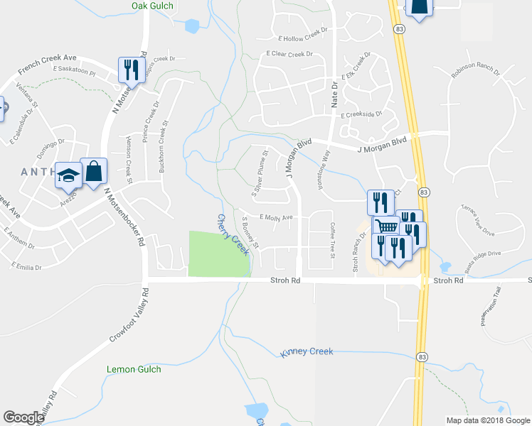 map of restaurants, bars, coffee shops, grocery stores, and more near 19127 East Molly Avenue in Parker