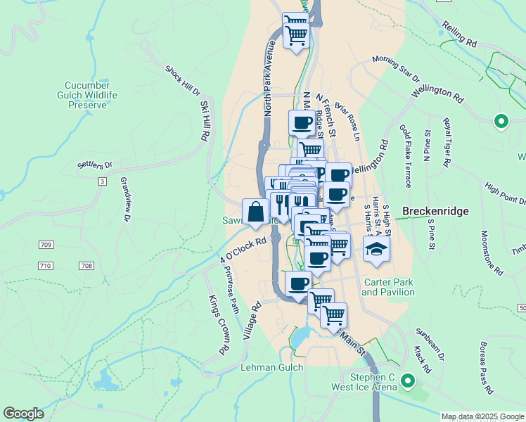 map of restaurants, bars, coffee shops, grocery stores, and more near 105 South Park Avenue in Breckenridge