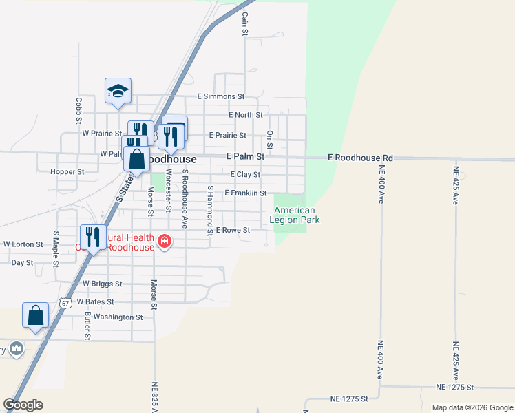 map of restaurants, bars, coffee shops, grocery stores, and more near 303-399 East Randolph Street in Roodhouse