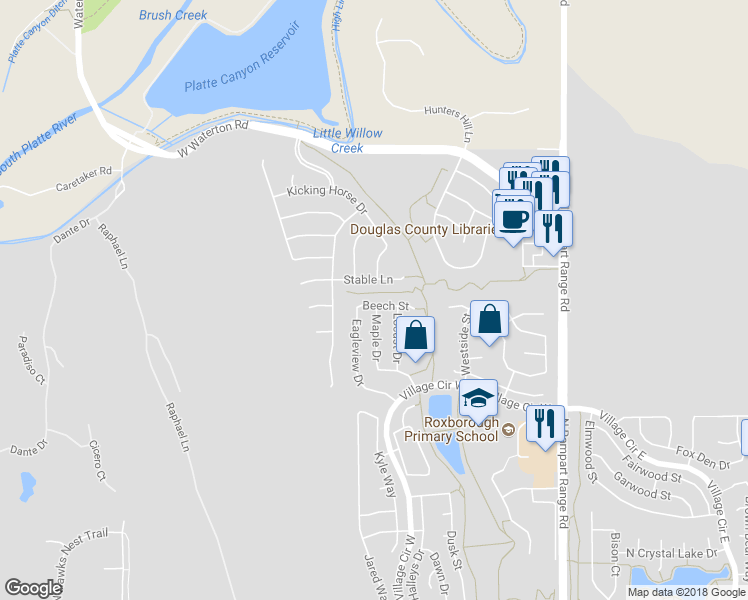 map of restaurants, bars, coffee shops, grocery stores, and more near 10441 Beech Street in Littleton