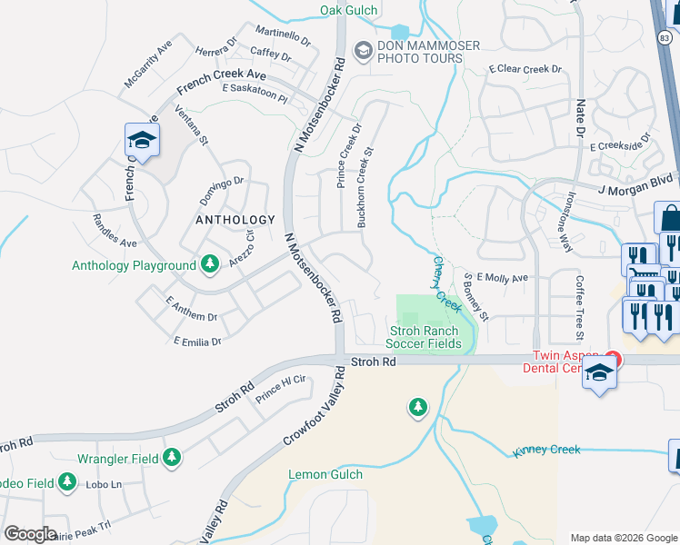 map of restaurants, bars, coffee shops, grocery stores, and more near 12868 Capitol Creek Street in Parker