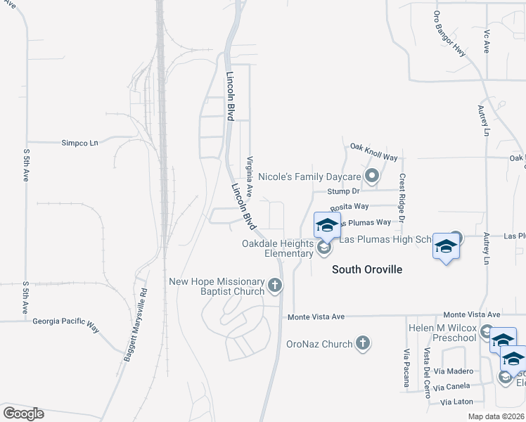 map of restaurants, bars, coffee shops, grocery stores, and more near 5075 Lincoln Boulevard in Oroville