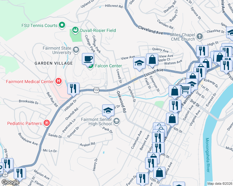 map of restaurants, bars, coffee shops, grocery stores, and more near 33 Oakwood Road in Fairmont