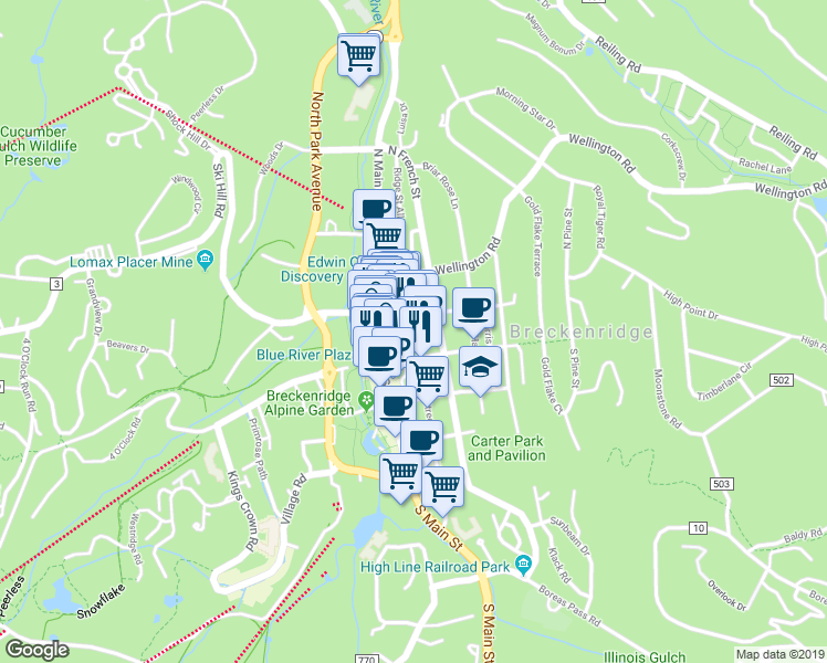 map of restaurants, bars, coffee shops, grocery stores, and more near 111 South Ridge Street in Breckenridge