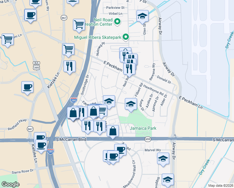 map of restaurants, bars, coffee shops, grocery stores, and more near 4701 Neil Road in Reno