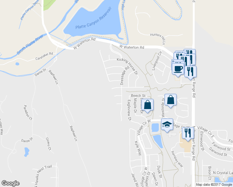 map of restaurants, bars, coffee shops, grocery stores, and more near 10557 Pony Cart Place in Littleton