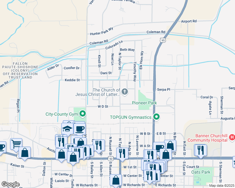 map of restaurants, bars, coffee shops, grocery stores, and more near 433 North Taylor Street in Fallon