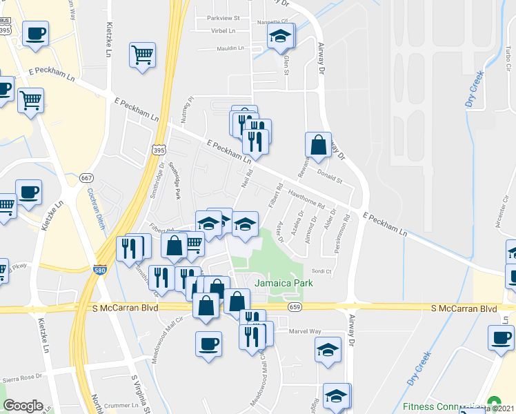 map of restaurants, bars, coffee shops, grocery stores, and more near 4700 Filbert Road in Reno