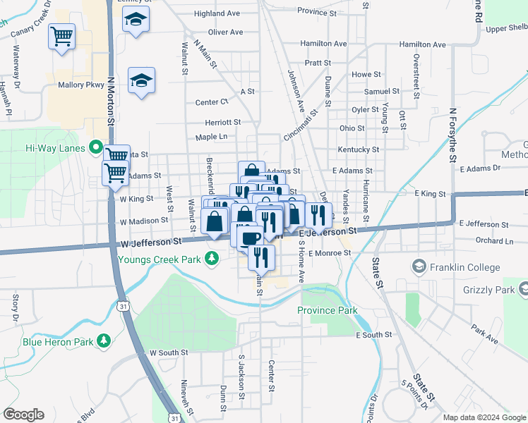 map of restaurants, bars, coffee shops, grocery stores, and more near 99 North Main Street in Franklin