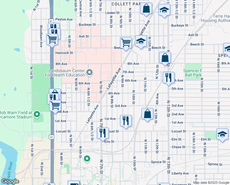map of restaurants, bars, coffee shops, grocery stores, and more near 811 4th Avenue in Terre Haute