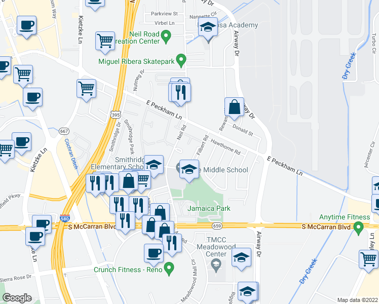 map of restaurants, bars, coffee shops, grocery stores, and more near 4700 Filbert Road in Reno