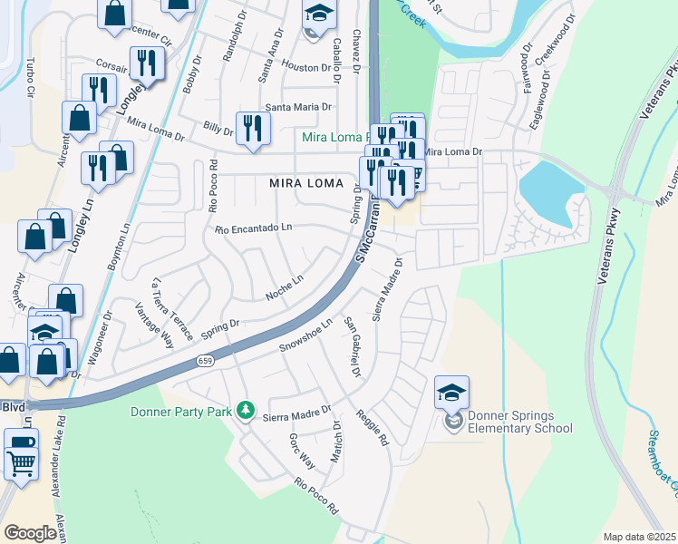 map of restaurants, bars, coffee shops, grocery stores, and more near 4740 Spring Drive in Reno