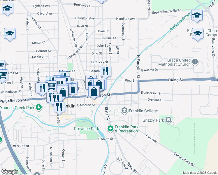 map of restaurants, bars, coffee shops, grocery stores, and more near Greenway Trail in Franklin