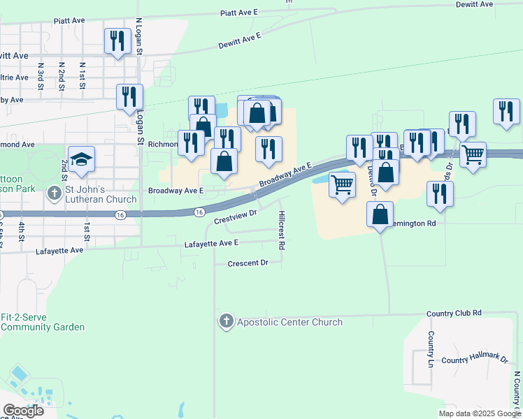 map of restaurants, bars, coffee shops, grocery stores, and more near 498 Crestview Dr in Mattoon