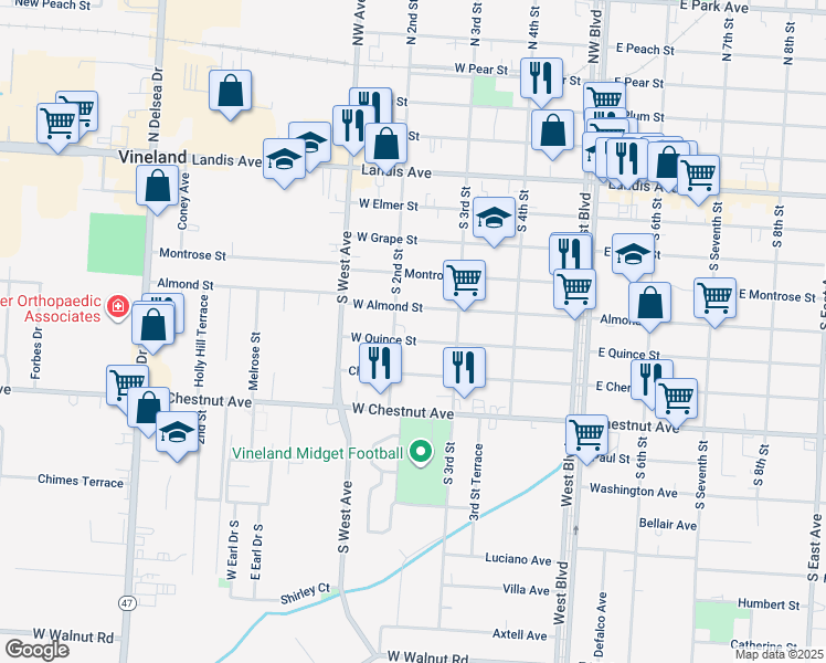 map of restaurants, bars, coffee shops, grocery stores, and more near 208 W Quince St in Vineland