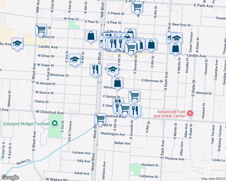 map of restaurants, bars, coffee shops, grocery stores, and more near 539 Almond Street in Vineland