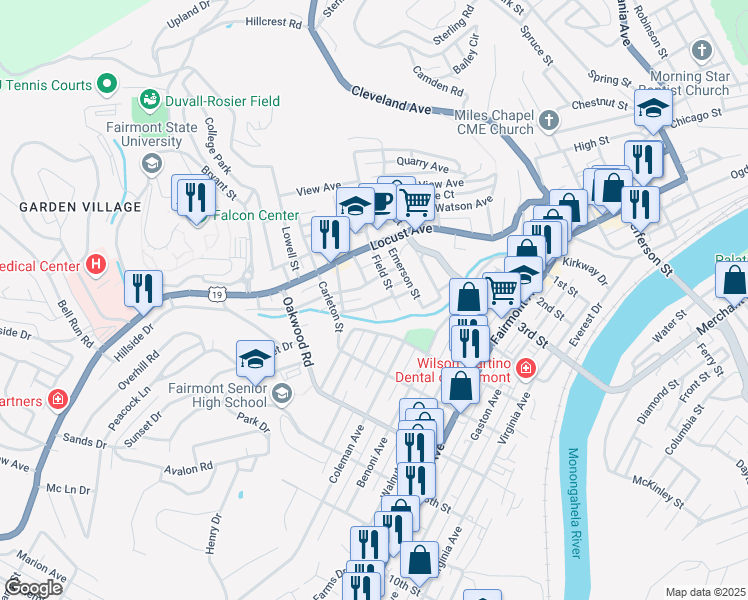 map of restaurants, bars, coffee shops, grocery stores, and more near 611 Oliver Avenue in Fairmont