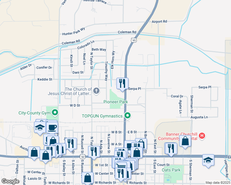 map of restaurants, bars, coffee shops, grocery stores, and more near 470 Timothy Way in Fallon