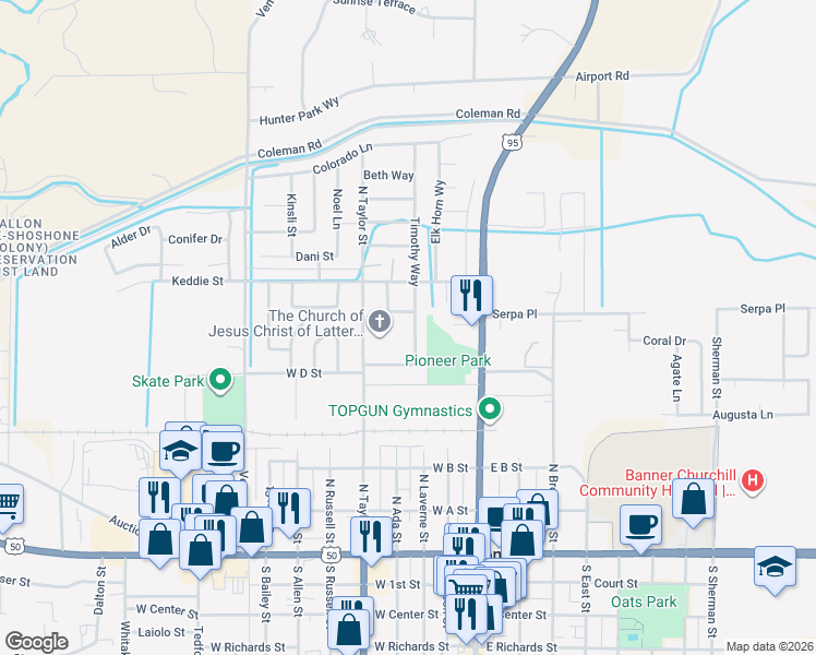 map of restaurants, bars, coffee shops, grocery stores, and more near 473 Timothy Way in Fallon