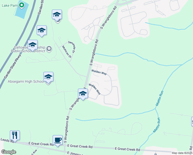 map of restaurants, bars, coffee shops, grocery stores, and more near 218 East Beanfield Place in Galloway