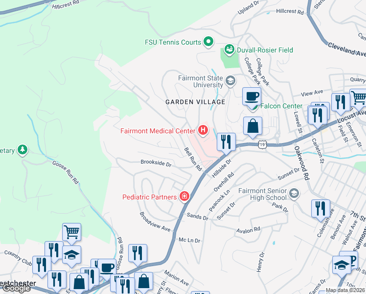 map of restaurants, bars, coffee shops, grocery stores, and more near 1042 Westview Dr in Fairmont