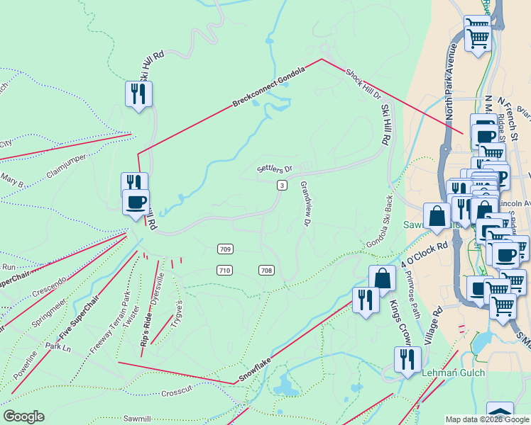 map of restaurants, bars, coffee shops, grocery stores, and more near 117 County Road 3 in Breckenridge