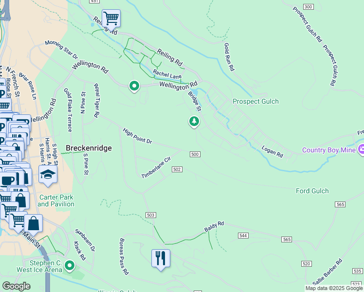 map of restaurants, bars, coffee shops, grocery stores, and more near 421 High Point Drive in Breckenridge