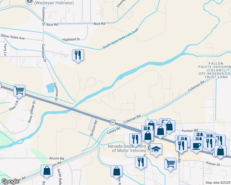map of restaurants, bars, coffee shops, grocery stores, and more near 2525 Verona Drive in Fallon