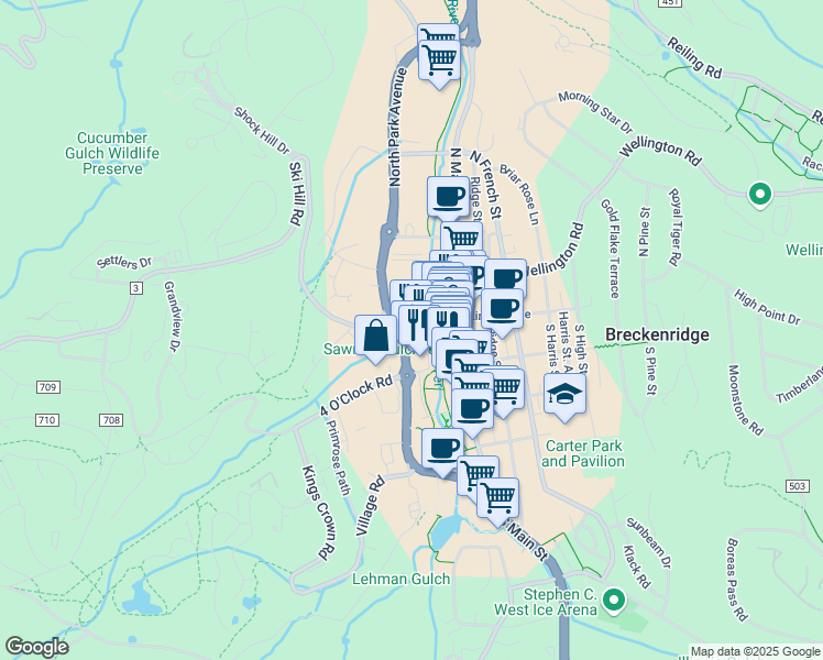 map of restaurants, bars, coffee shops, grocery stores, and more near 105 South Park Avenue in Breckenridge
