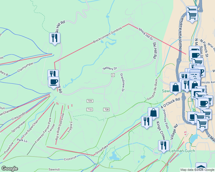 map of restaurants, bars, coffee shops, grocery stores, and more near 117 County Road 3 in Breckenridge