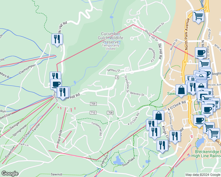 map of restaurants, bars, coffee shops, grocery stores, and more near 117 County Road 3 in Breckenridge