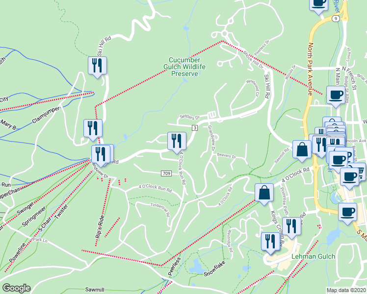 map of restaurants, bars, coffee shops, grocery stores, and more near 117 County Road 3 in Breckenridge