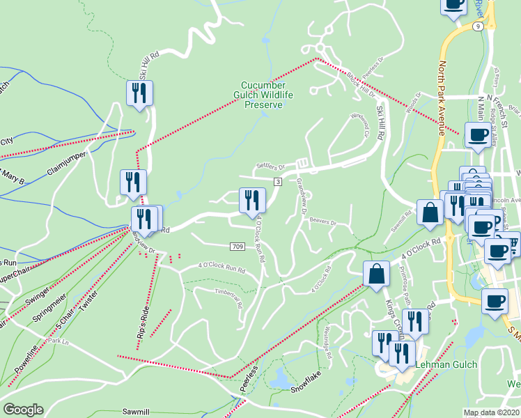 map of restaurants, bars, coffee shops, grocery stores, and more near 43 4 O'Clock Run Road in Breckenridge