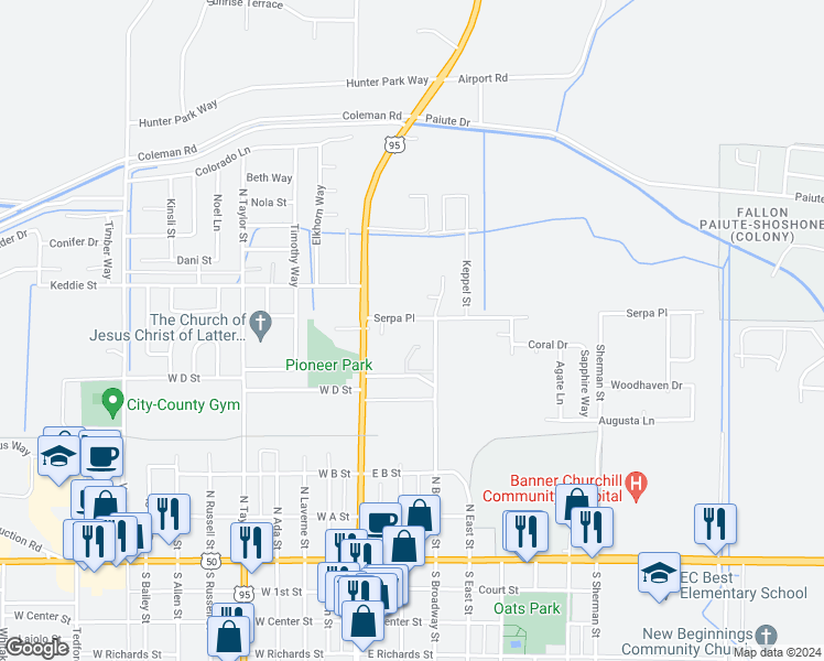 map of restaurants, bars, coffee shops, grocery stores, and more near 160 Serpa Place in Fallon