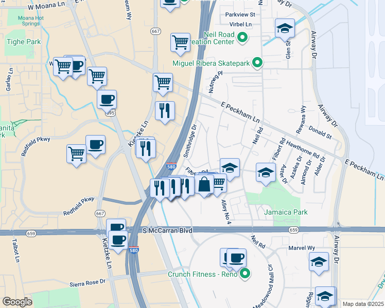 map of restaurants, bars, coffee shops, grocery stores, and more near 464 Smithridge Park in Reno