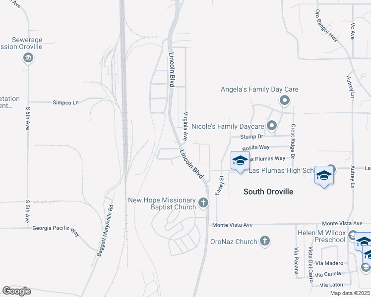 map of restaurants, bars, coffee shops, grocery stores, and more near 5075 Lincoln Boulevard in Oroville